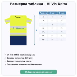PRO размерна таблица светлоотразителна тениска Hi-Vis Delta