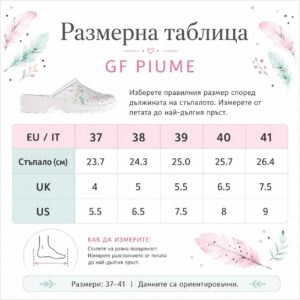 Размерна таблица за дамско сабо GF PIUME с EU, UK, US размери и дължина на стъпалото в сантиметри