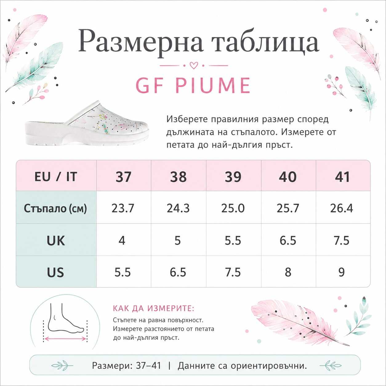 Размерна таблица за дамско сабо GF PIUME с EU, UK, US размери и дължина на стъпалото в сантиметри