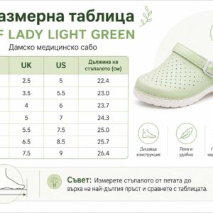Размерна таблица за дамско медицинско сабо GF LADY LIGHT GREEN с EU, UK, US размери и дължина на стъпалото в сантиметри