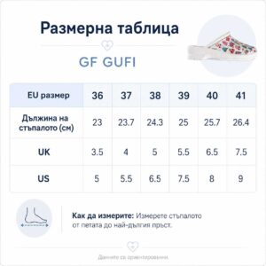 Размерна таблица за дамско сабо GF GUFI с EU, UK, US размери и дължина на стъпалото в сантиметри