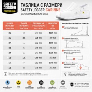 Размерна таблица за дамско медицинско сабо Safety Jogger CARINNE