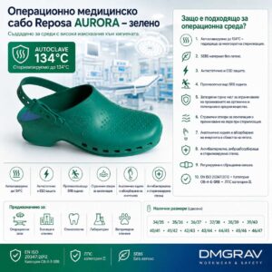 Операционно медицинско сабо Reposa AURORA зелено – автоклавируемо до 134°C
